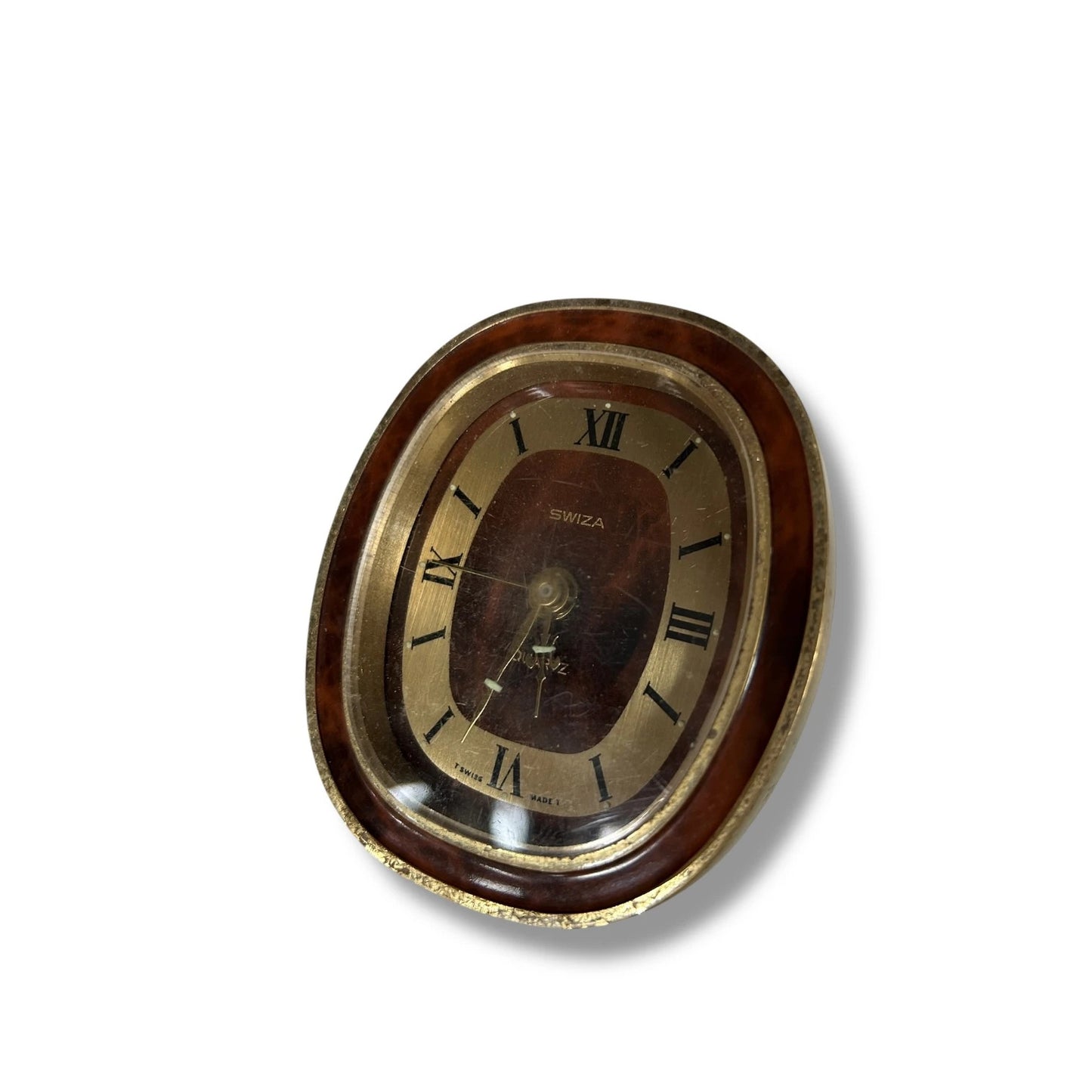 Vintage Swiza Swiss Desk Clock – Burlwood & Brass Mid-Century Quartz