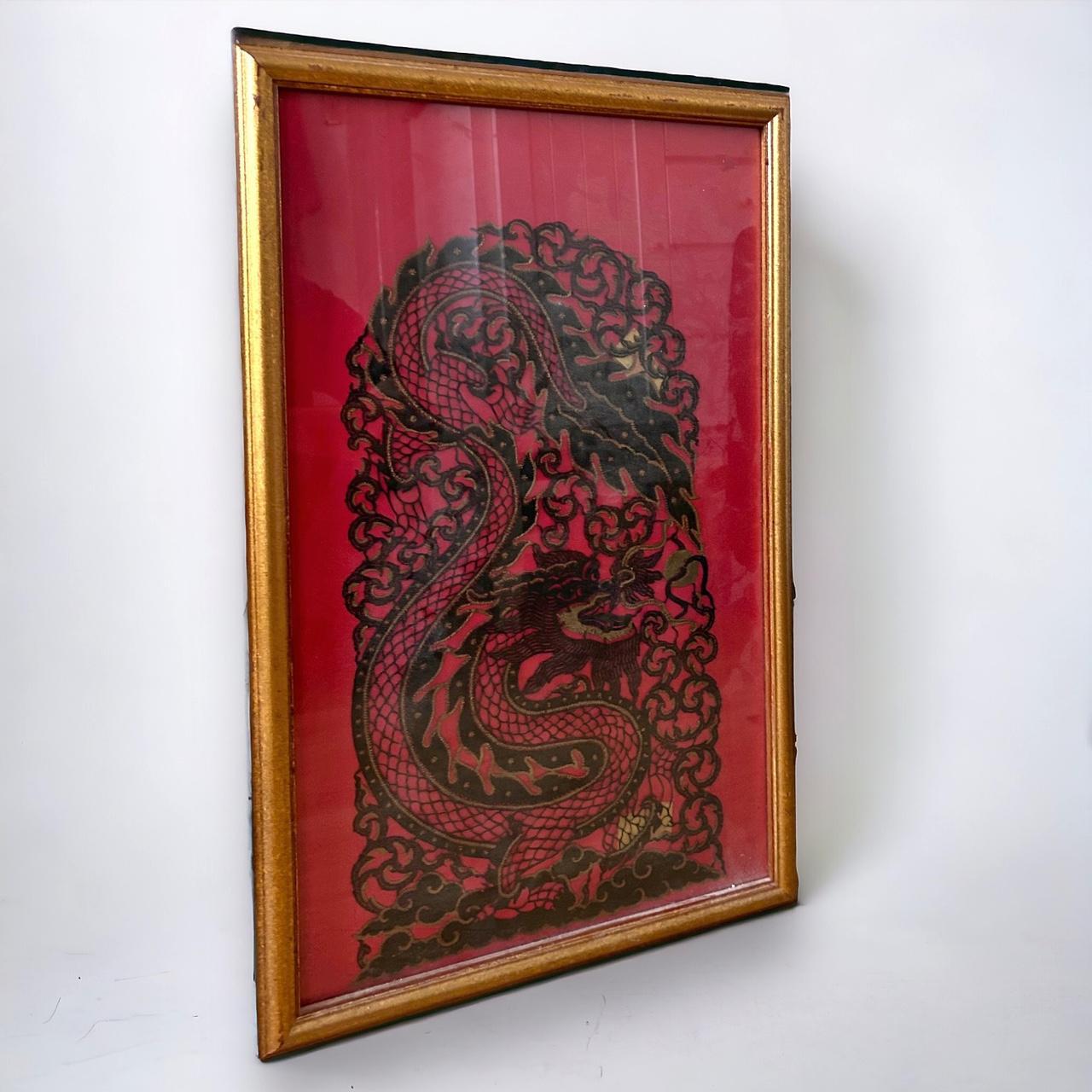 Vintage 1960s Chinese Dragon Needlepoint Framed Art