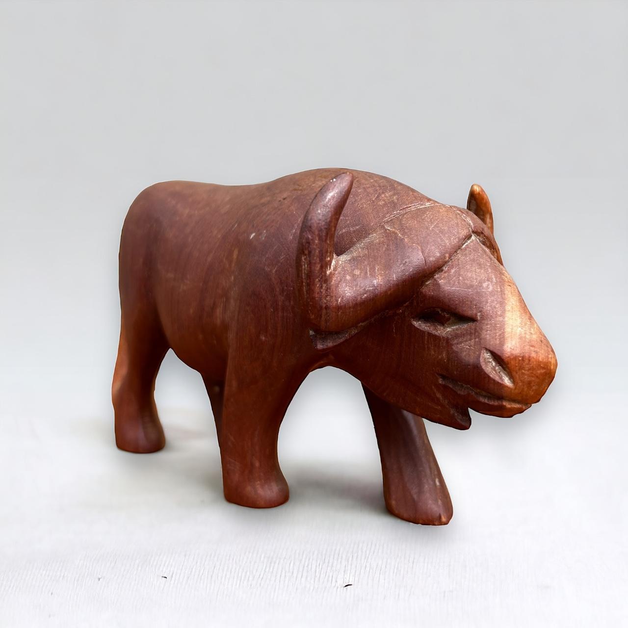 Mid Century Teak Wood Carved Buffalo Sculpture