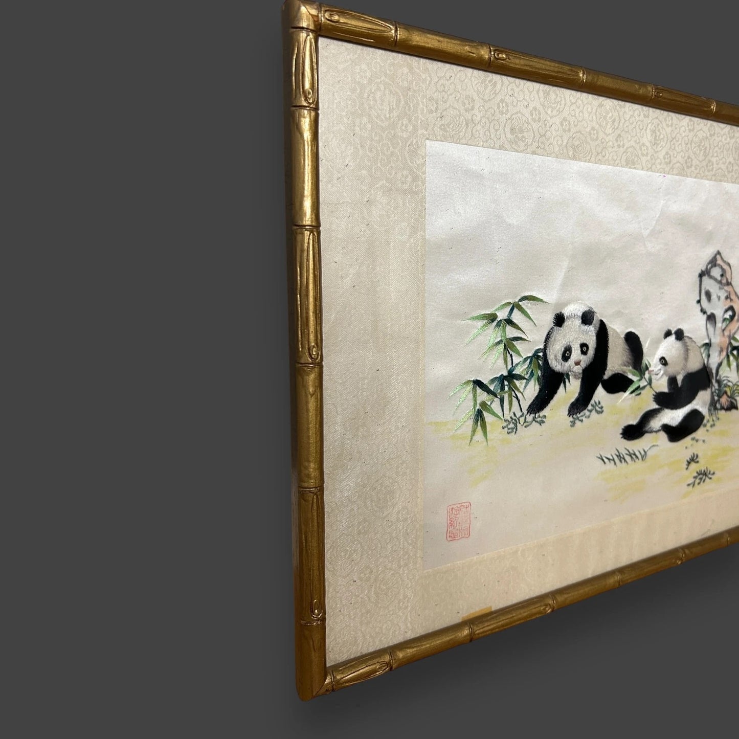 Vintage 1960s Chinese Pandas Silk Tapestry