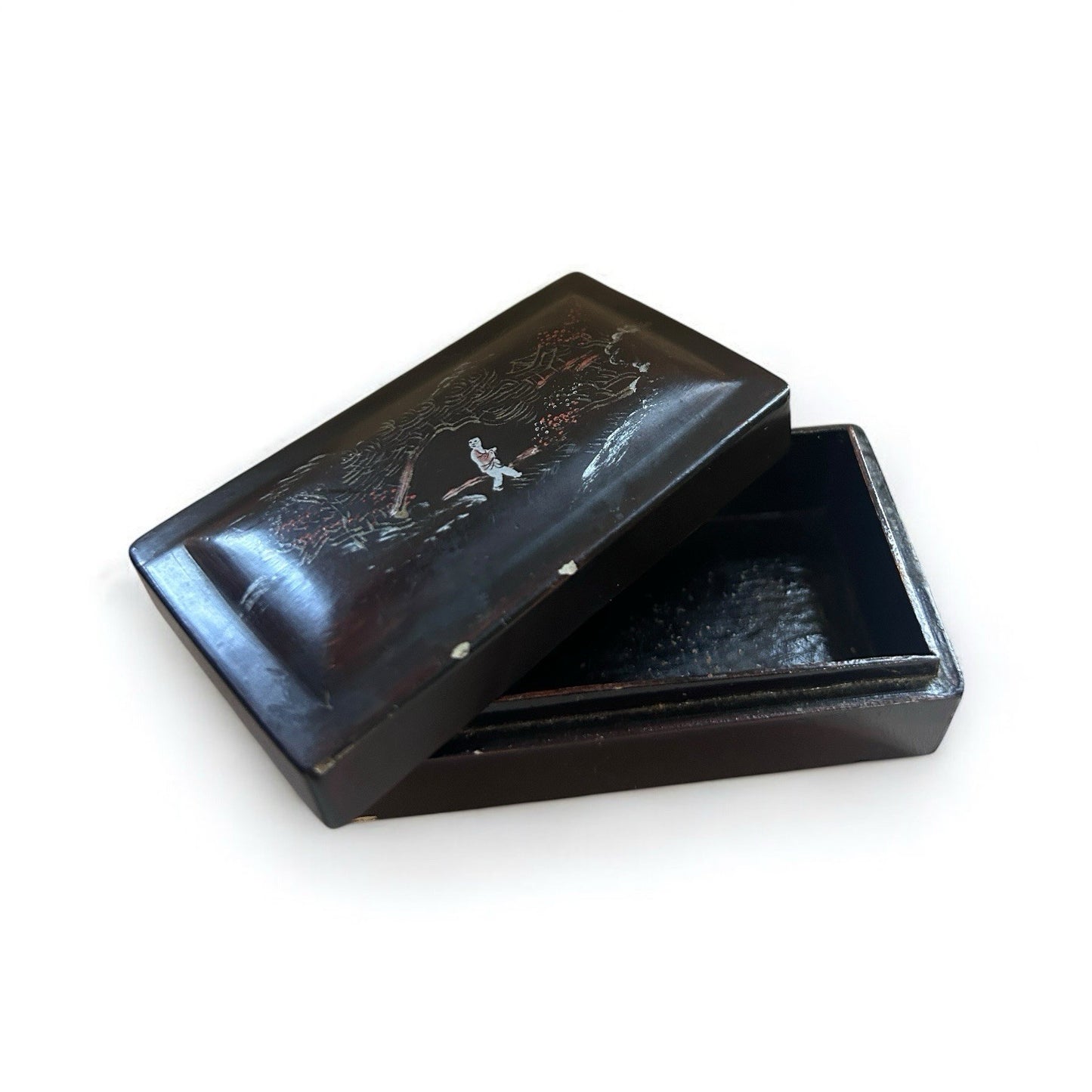 Vintage Chinese lacquer dark wood trinket box