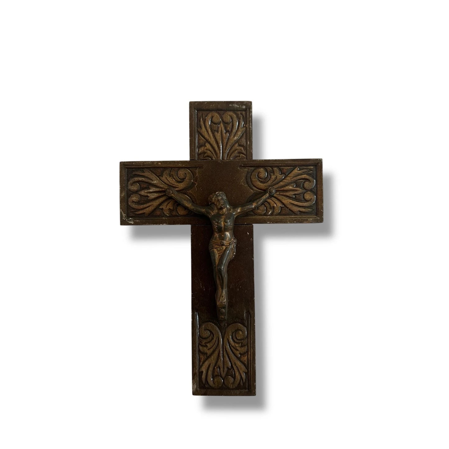 Vintage 1960s Carved Oak Wood Crucifix | Mid Century Jesus Christ Wall Cross