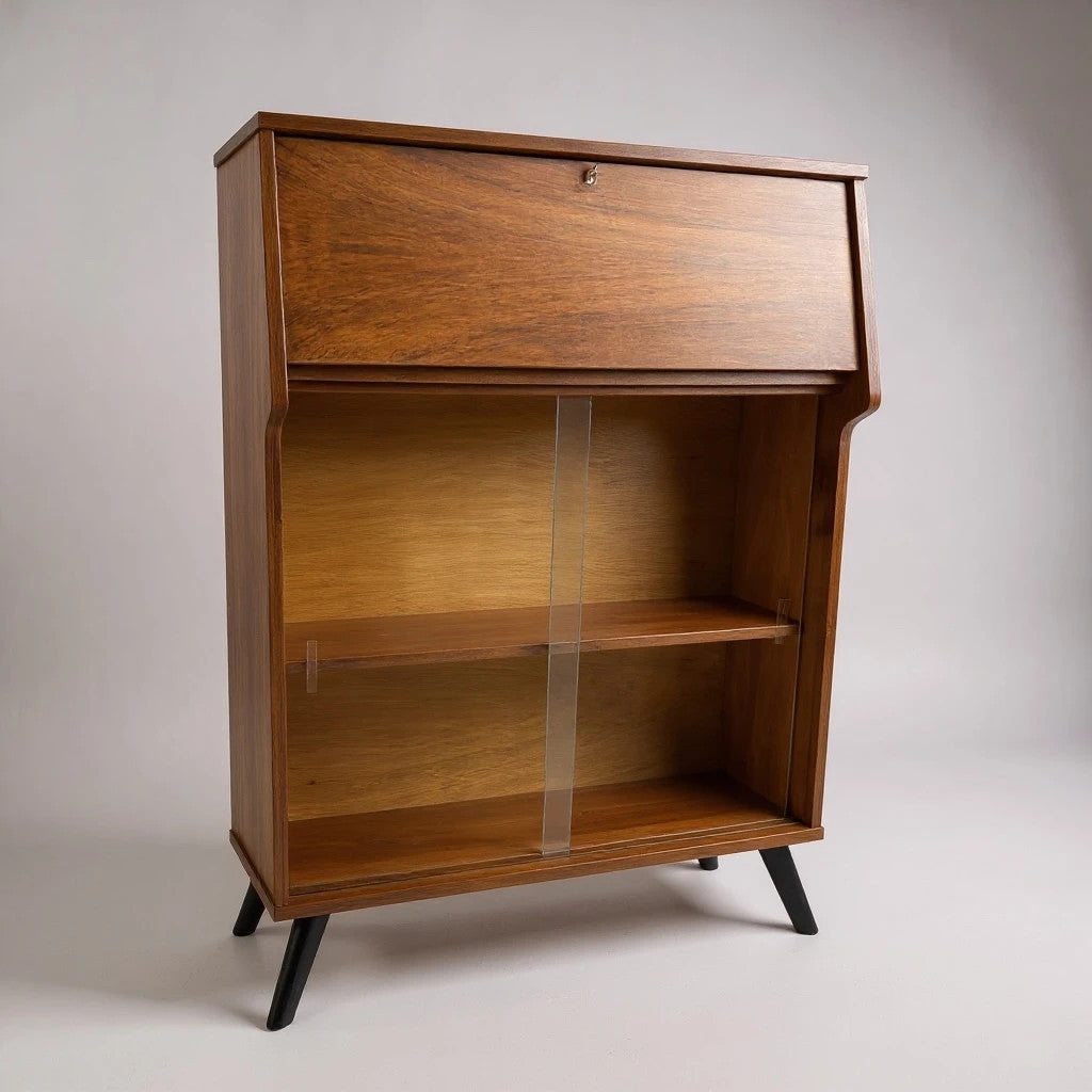 Mid-Century Avalon Bureau – Vintage Writing Desk with Glass Bookcase Storage