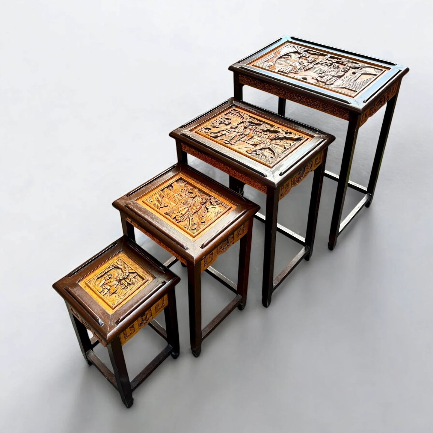 Mid Century Set of Four Chinese Carved Camphor Wood Nest of Tables