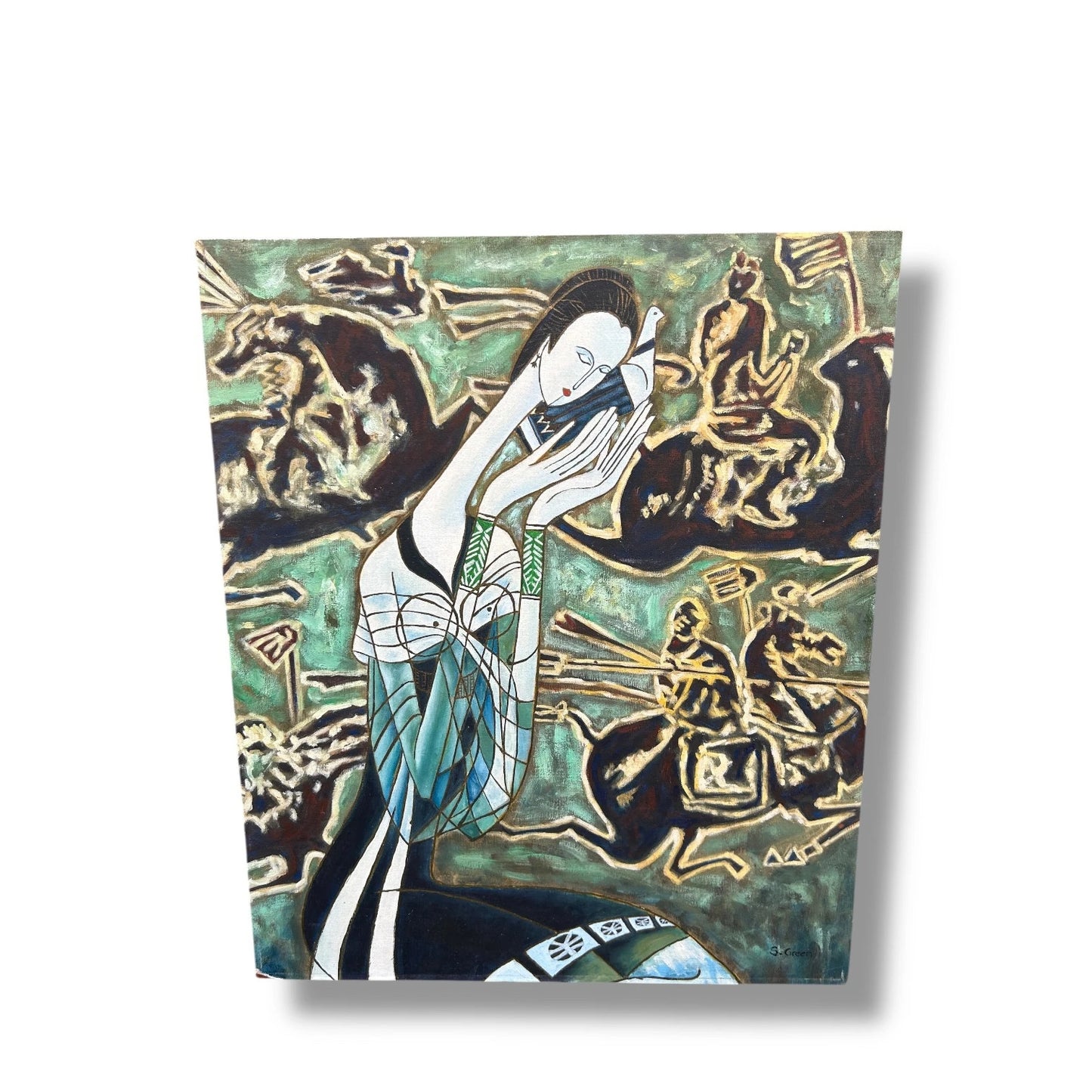 Vintage 90s Mystical Chinese Oil Painting on Canvas