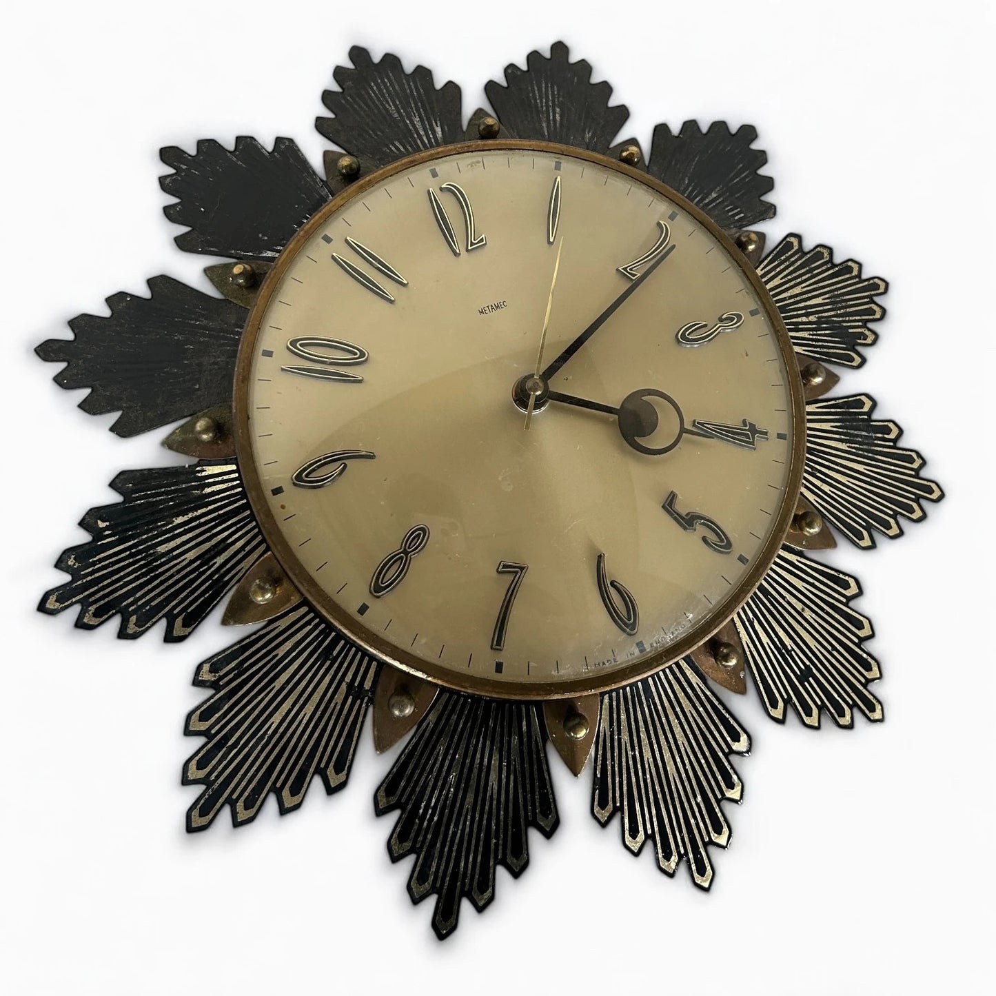 Mid Century Modern Brass Sunburst Metamec Wall Clock