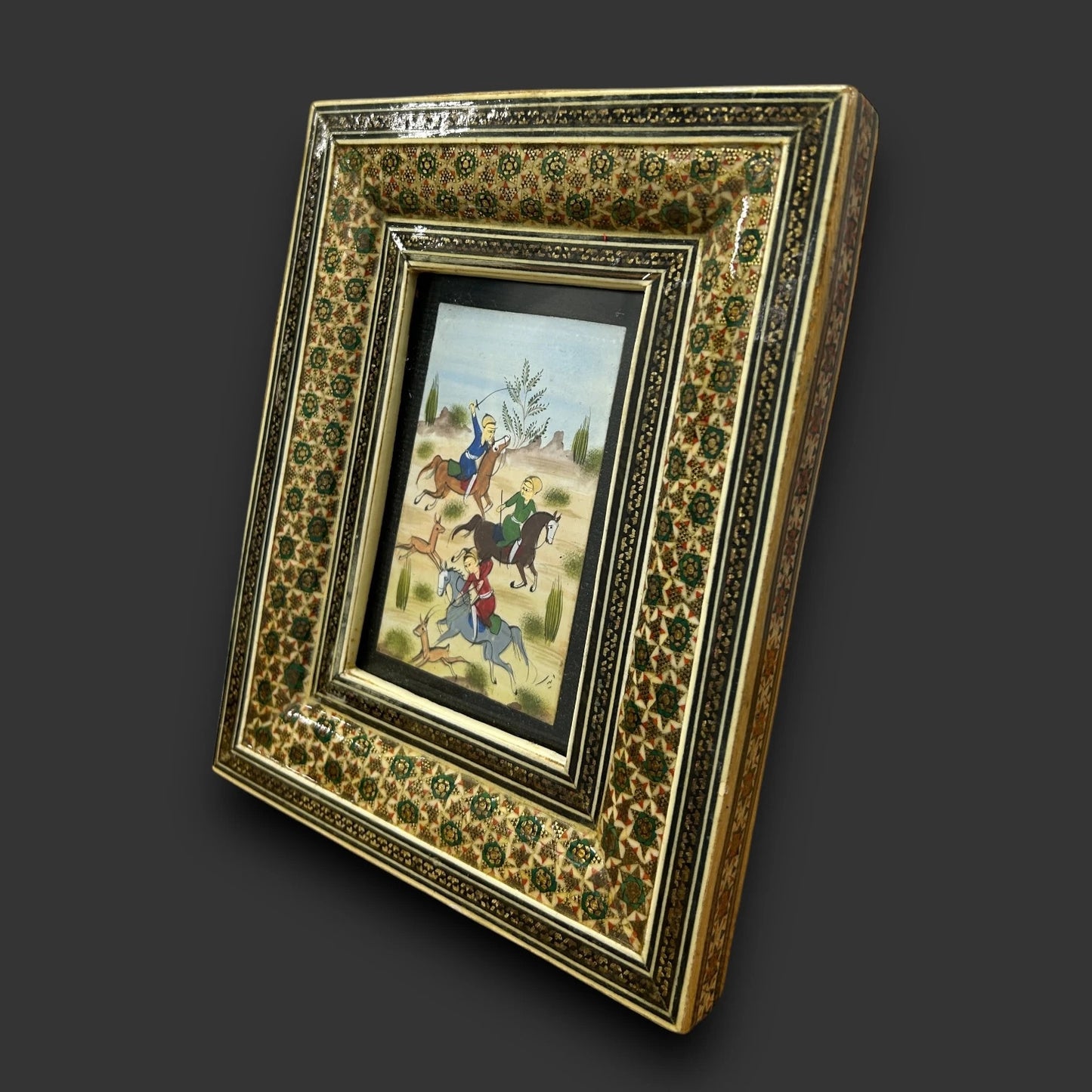 Vintage 1960s Persian Khatam Mosaic Framed Miniature Watercolour Painting