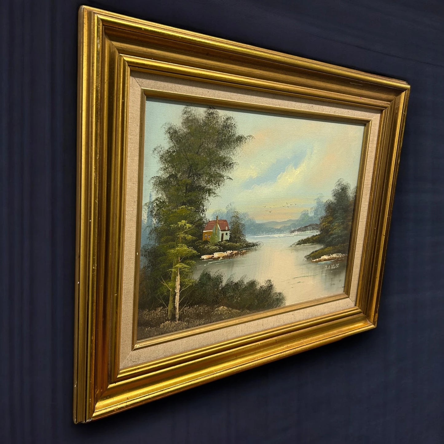 Vintage 1970s Lake Landscape Oil Painting