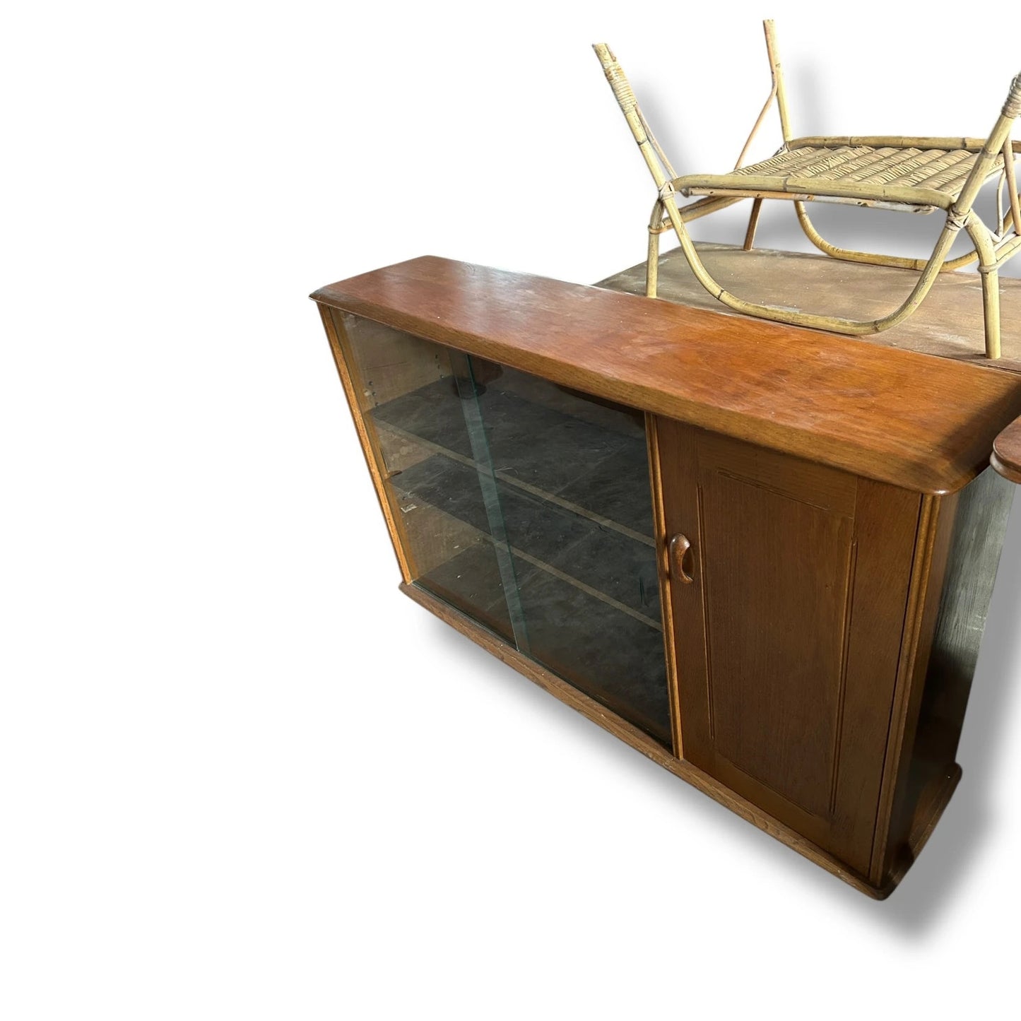 Midcentury Solid Oak Bookcase with Sliding Glass Doors | 1960s Priory Cabinet, Ercol Style