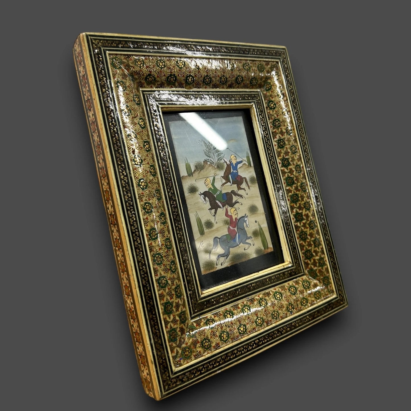 Vintage 1960s Persian Khatam Mosaic Framed Miniature Art Painting