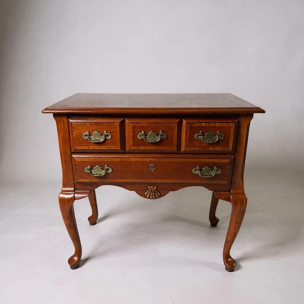 Vintage Queen Anne Style Marquetry Chest – 2 Drawer Side Cabinet with Brass Handles