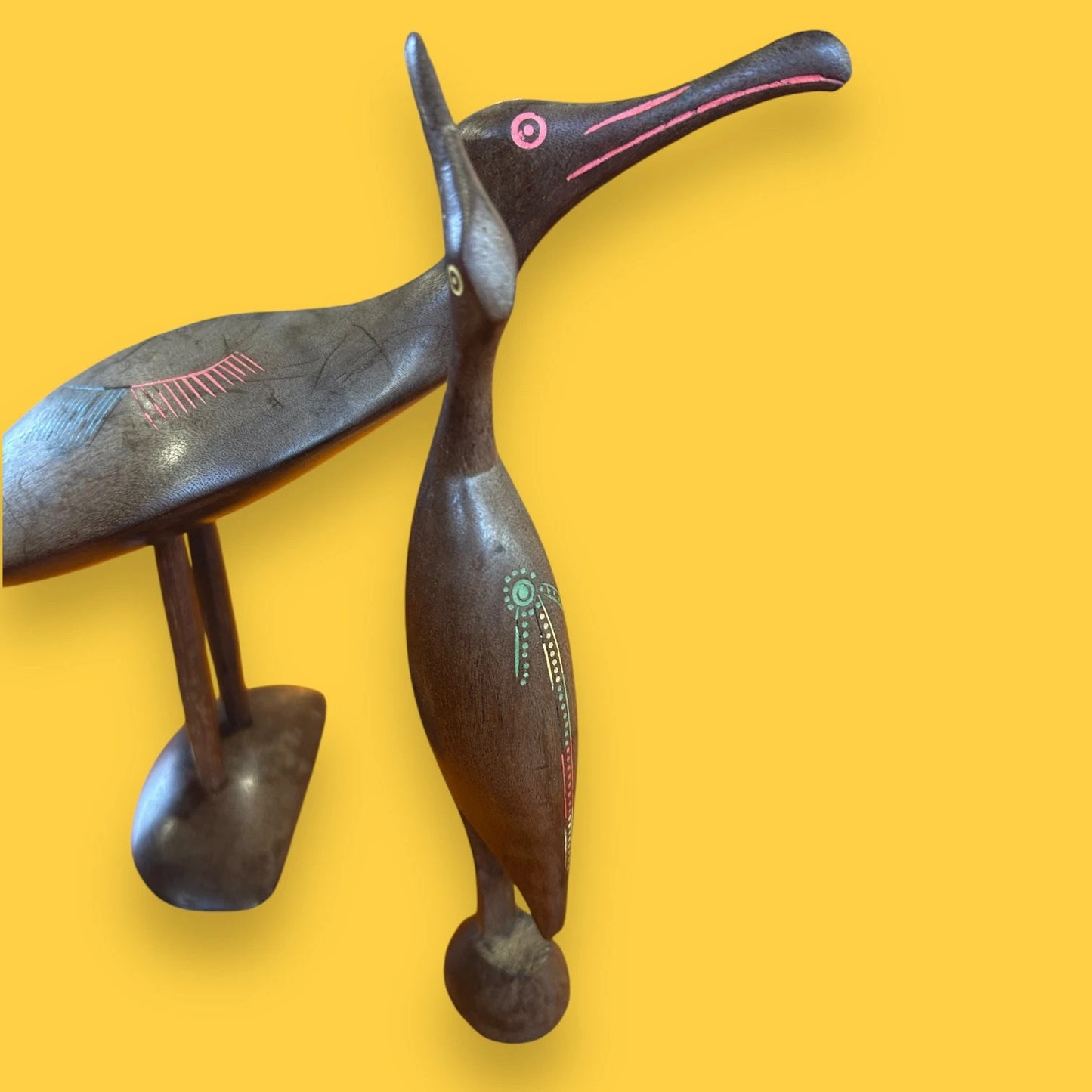 Mid Century Pair of Carved Wood Birds