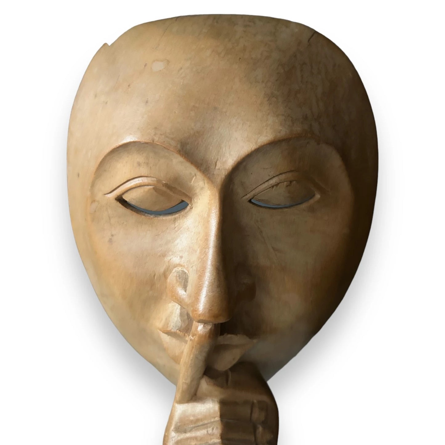 Vintage 1980s Mask of Silence Wood Sculpture