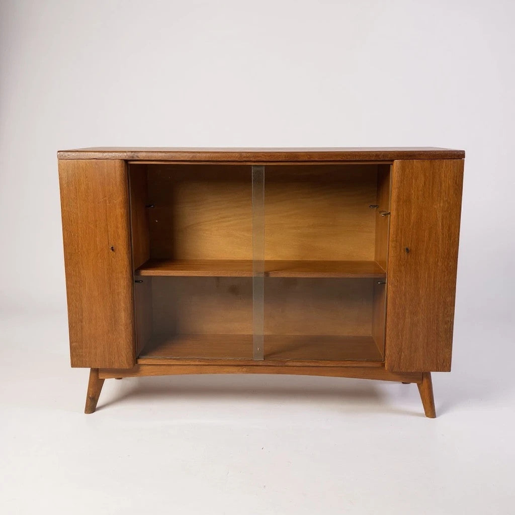 Mid-Century Nathan Teak Drinks Cabinet with Glass Sliding Doors