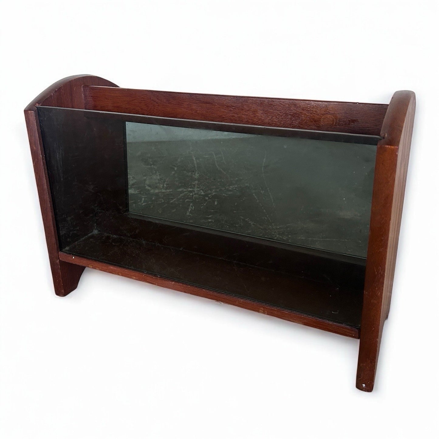 Mid Century Teak Wood Vinyl Storage Smoked Glass Magazine Rack