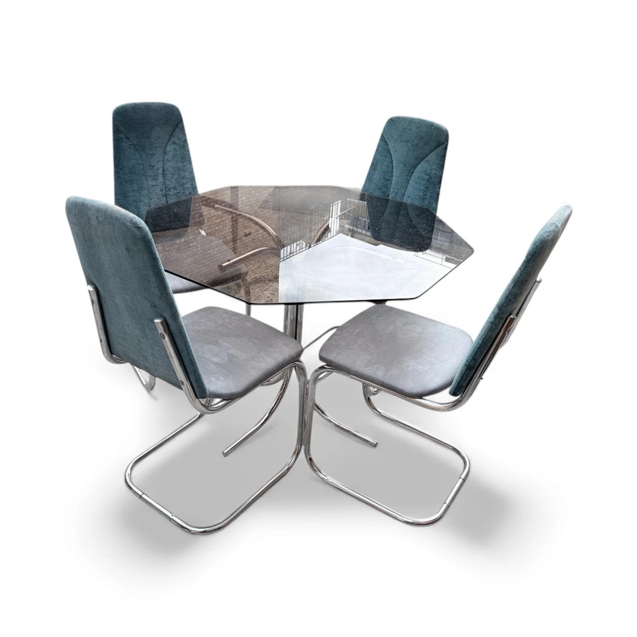 Vintage Chrome & Glass Hexagonal Dining Set | 1970s Space Age Table + 4 Blue Velvet Chairs