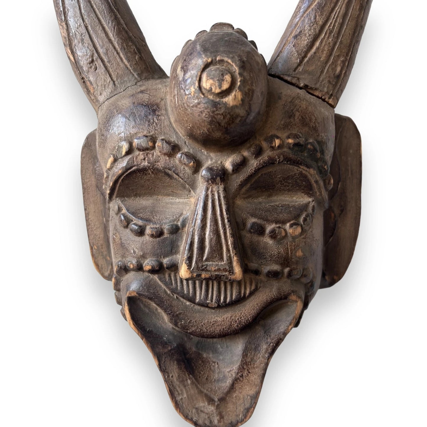 Vintage 1960s carved wood demon wall mask