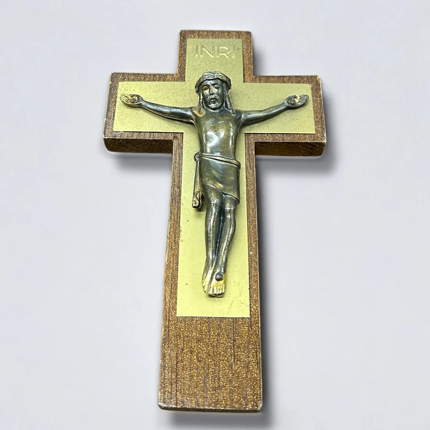 Mid Century Teak and Brass Jesus Crucifix