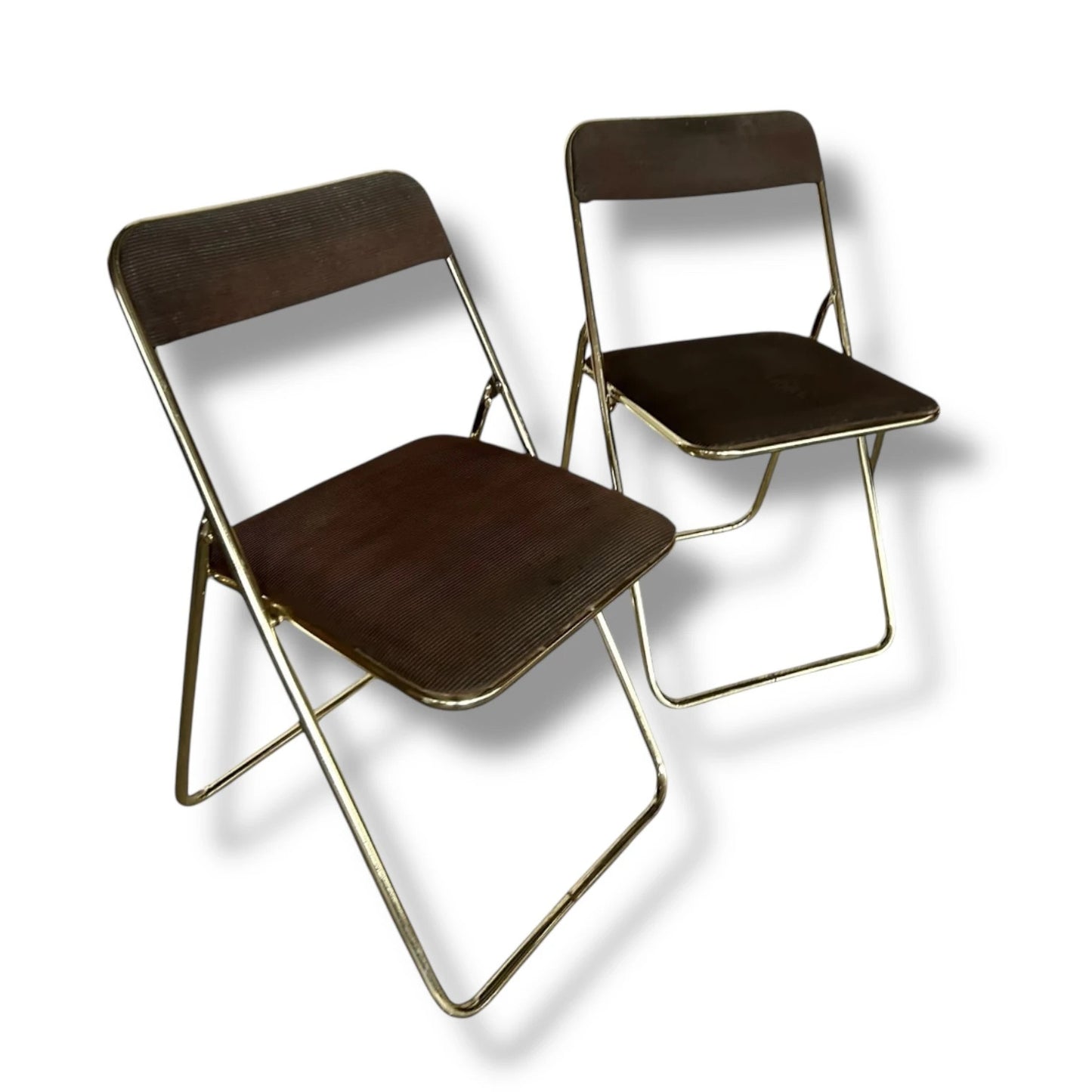 Set of 4 Vintage Mid Century Brass Folding Chairs – Brown Upholstered Dining Chairs