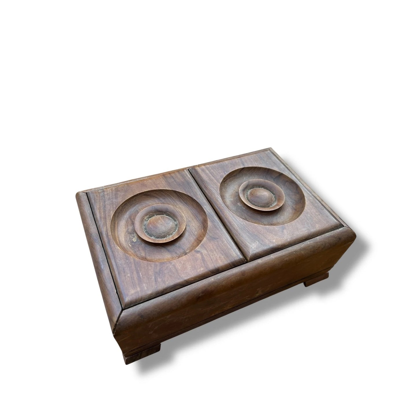 Vintage Hand Carved Wooden Double Lidded Box – Rustic Folk Art Trinket Storage