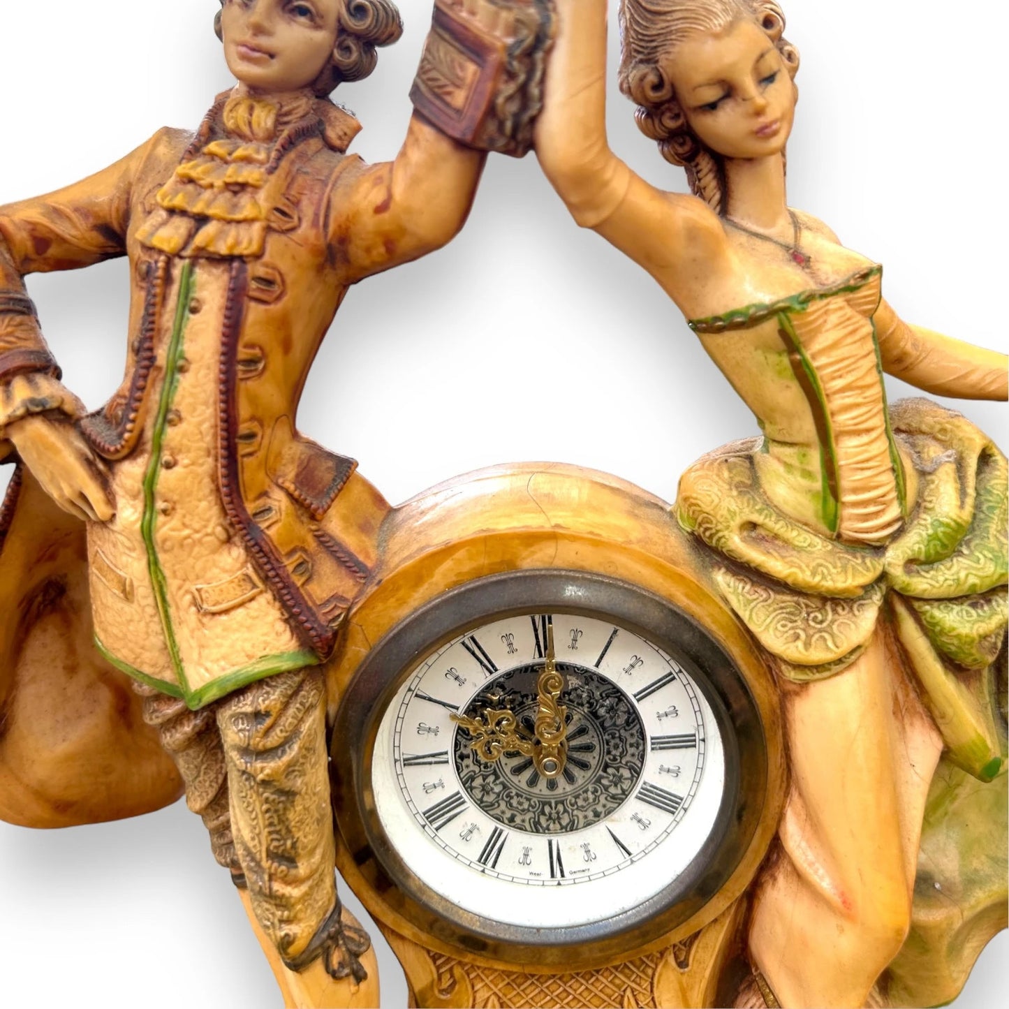 Vintage West Germany Resin Figural Clock Carrara Marble Base