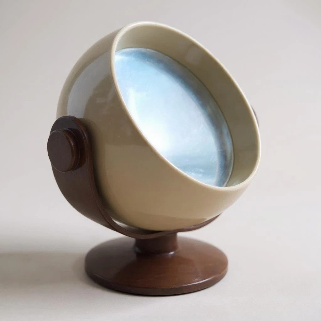 Mid Century Space Age Chocolate Brown and Cream Tabletop Revolving Vanity Mirror