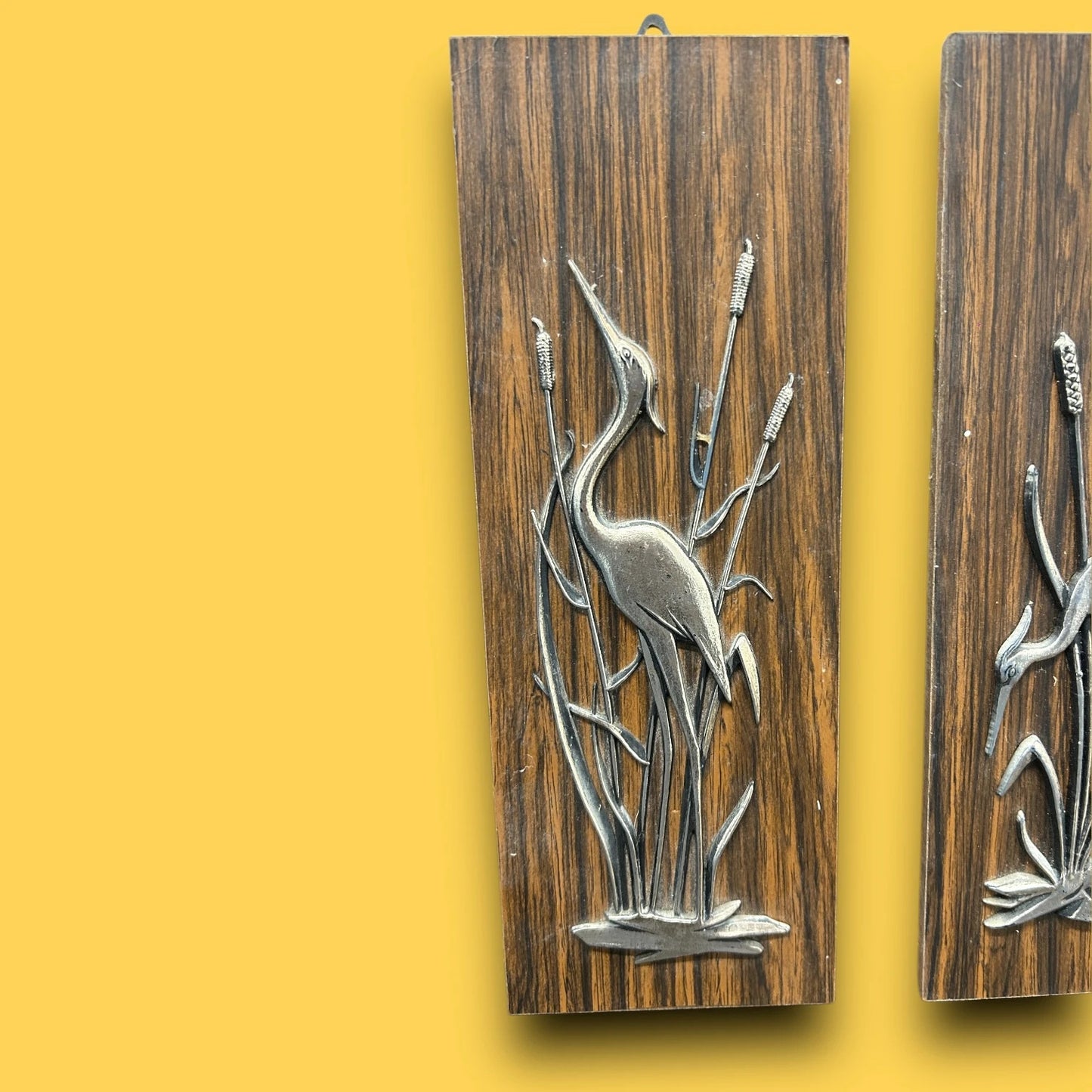 Mid Century Pair of Brass Crane Wood Plaques
