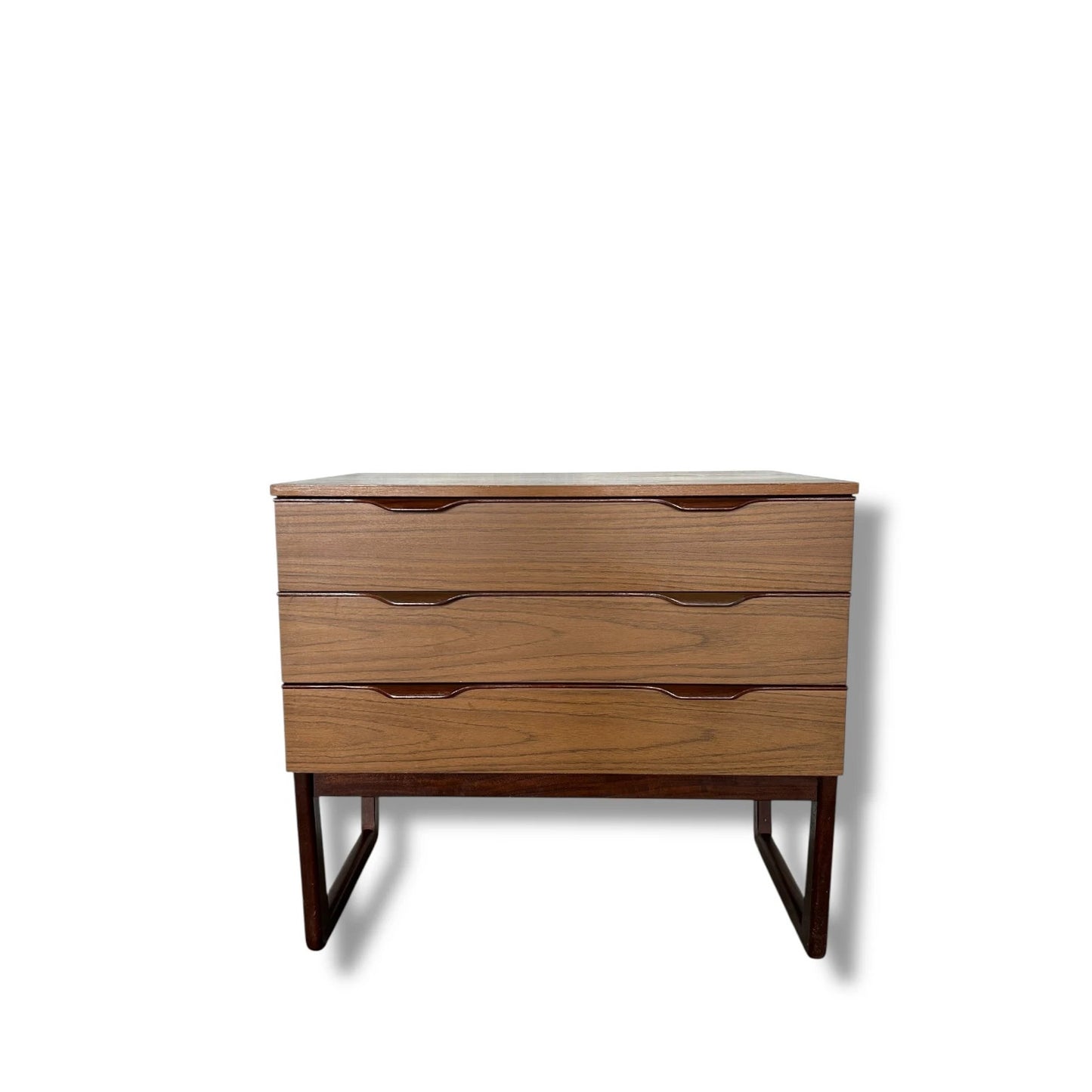 Mid Century Modern Europa Teak Chest of Drawers – 3 Wide Drawers on Sleigh Base