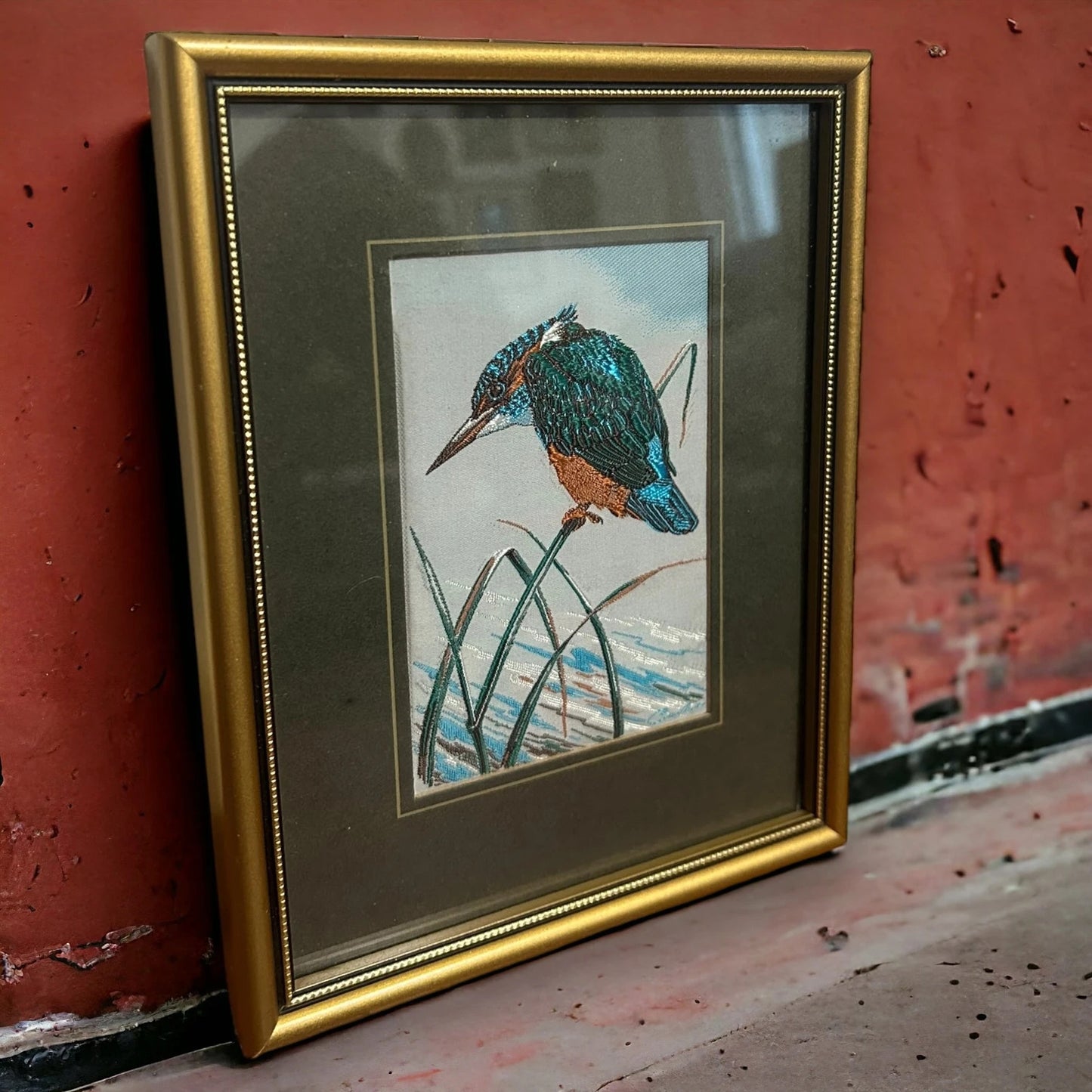 Vintage 1970s Kingfisher Bird Silk Picture