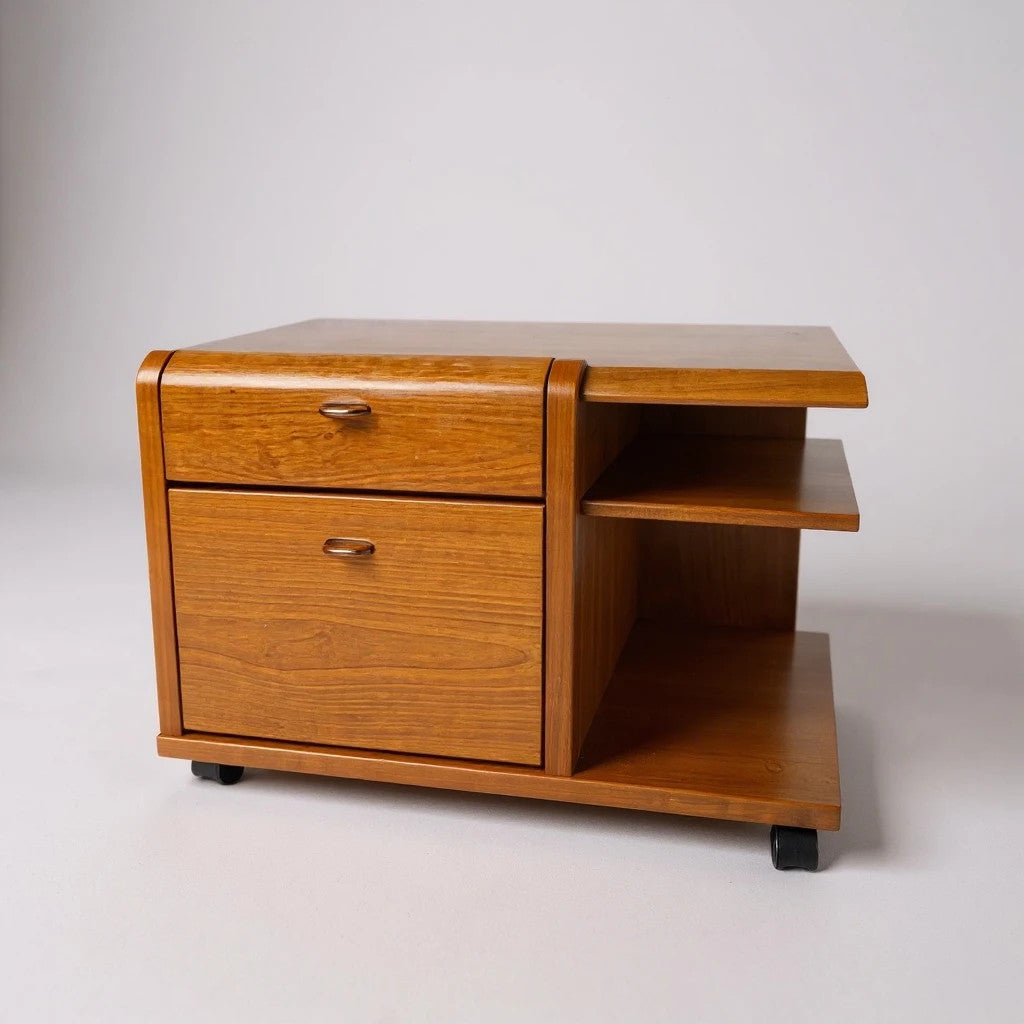 Vintage German Mid Century Modern Teak Rolling Cabinet – 1960s Mobile Side Table