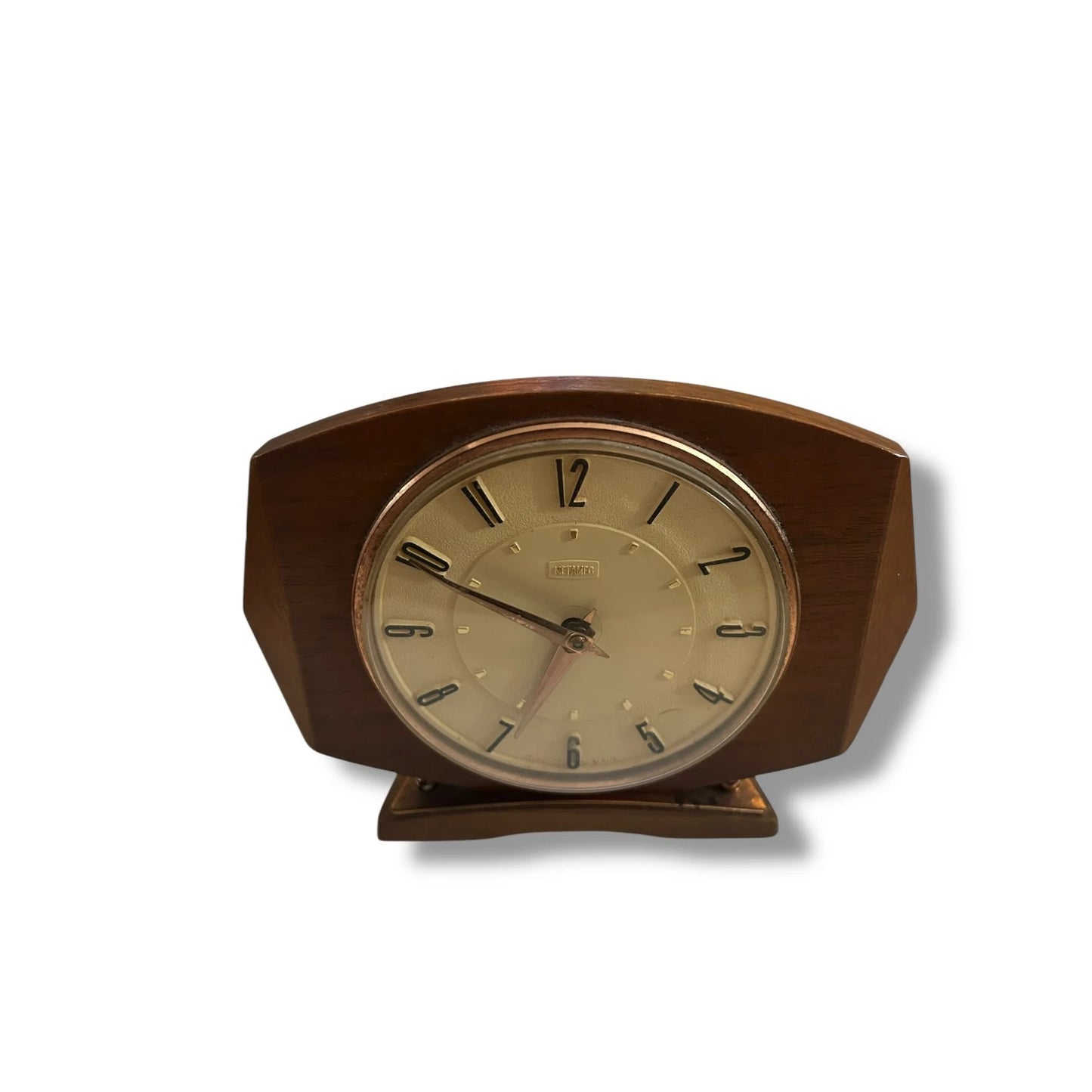 Mid Century Modern Metamec Table Clock | 1960s Wood & Brass Mantel Clock