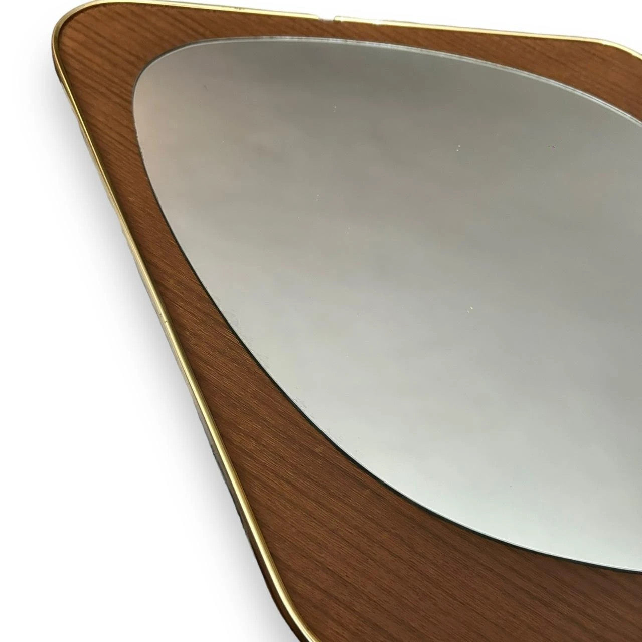 Mid Century Teak and Brass Diamond Shaped Mirror