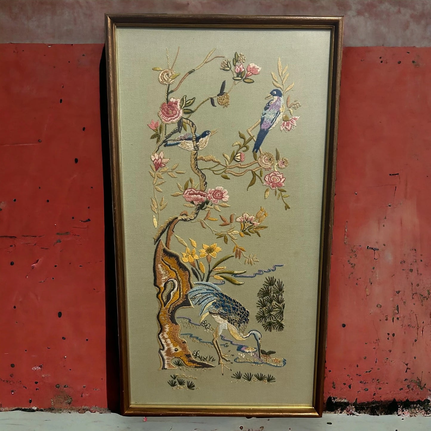Vintage 1970s Chinese Birds Textile Framed Art