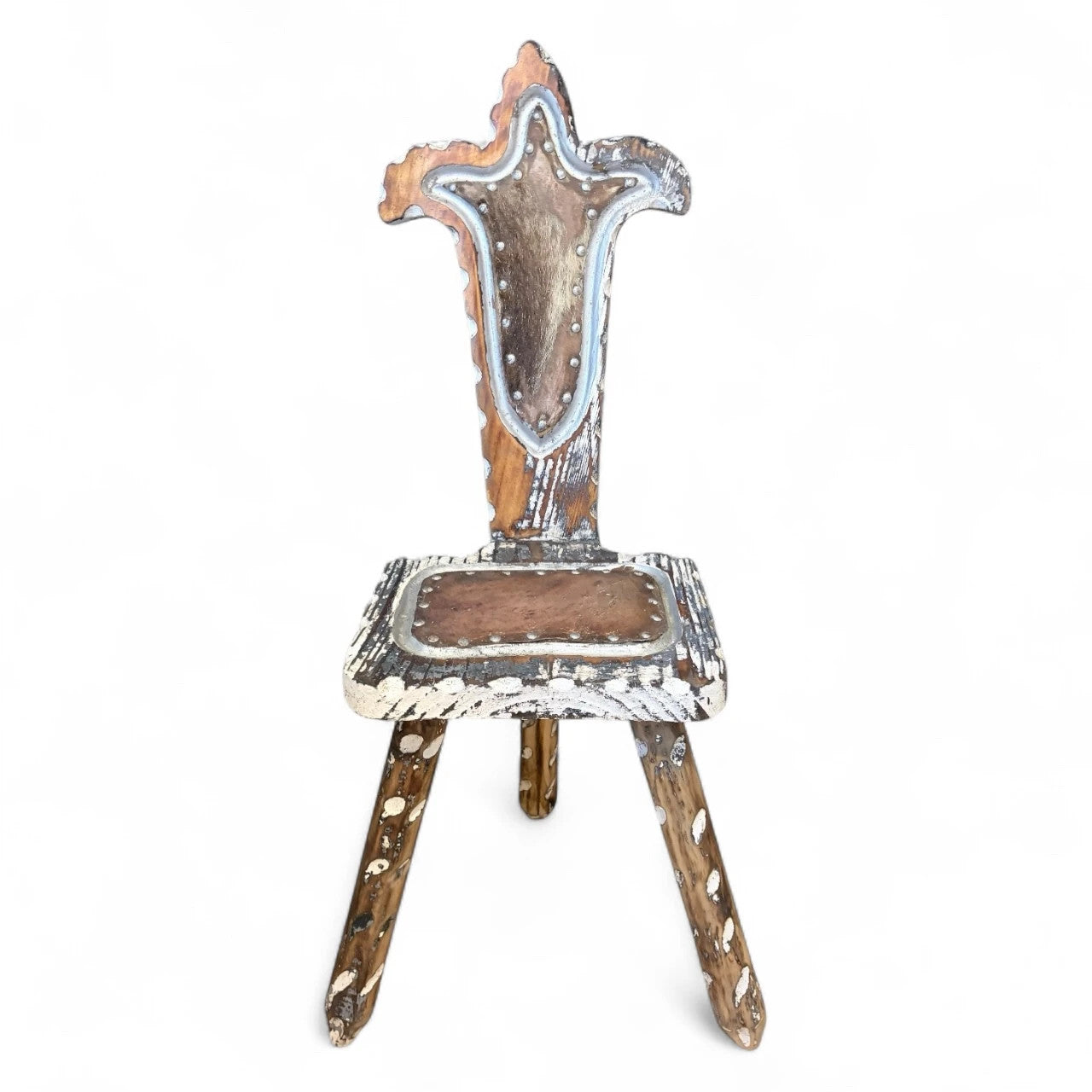 Brutalist Spanish Chair with Mohair Seat | Distressed Primitive Folk Art Chair