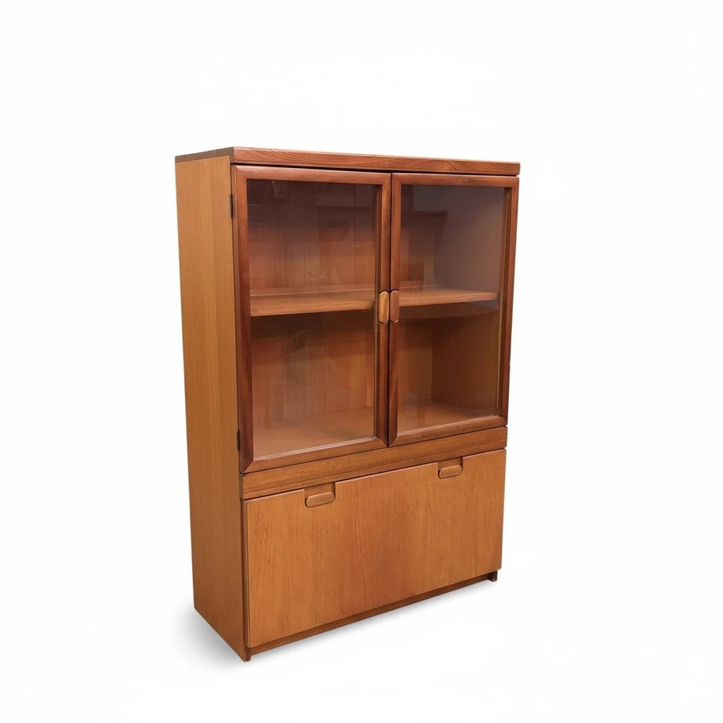 Mid Century Teak Display Cabinet | Danish Style Drinks Bureau with Glass Sliding Doors