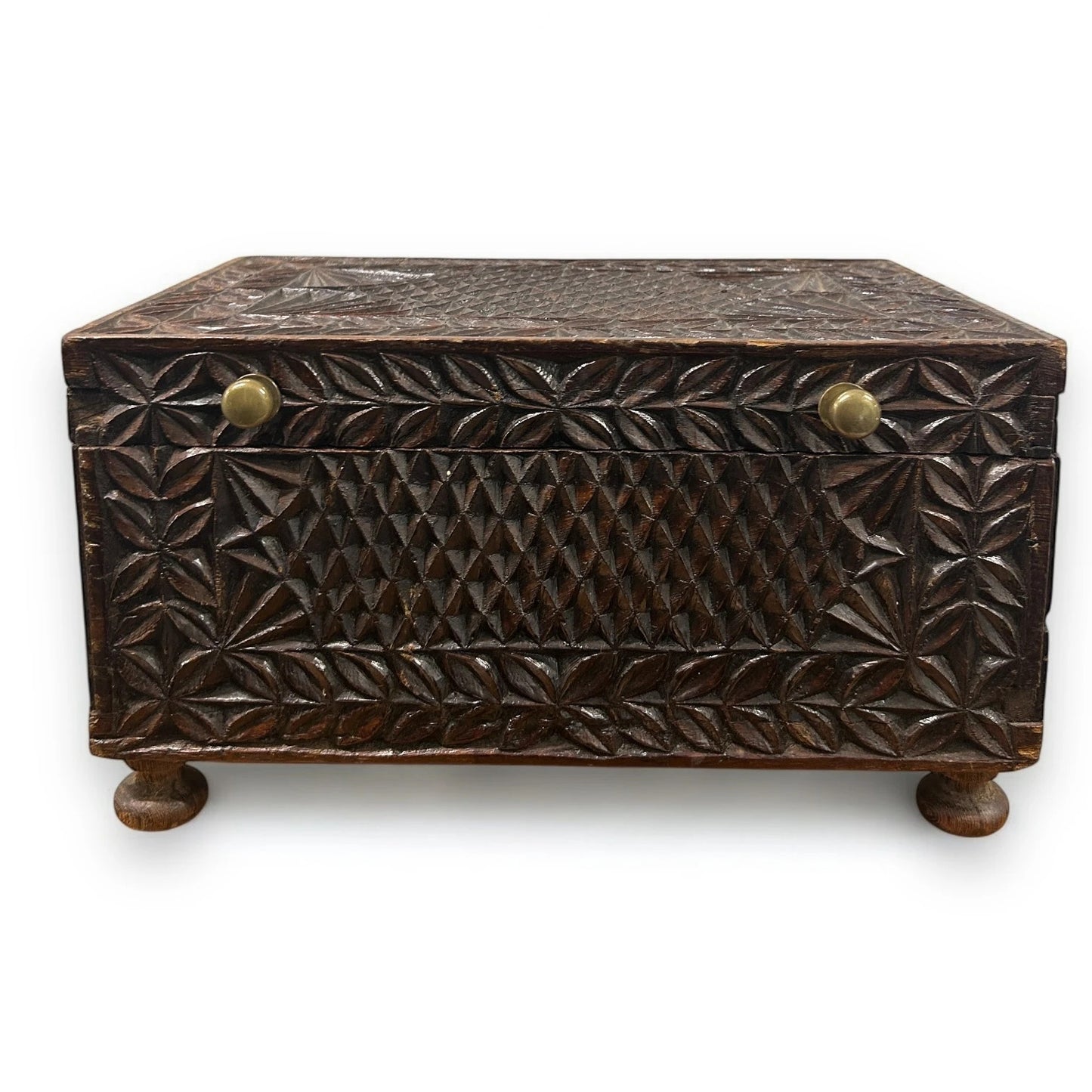 Vintage 1950s Indian Carved Wood Jewellery Box