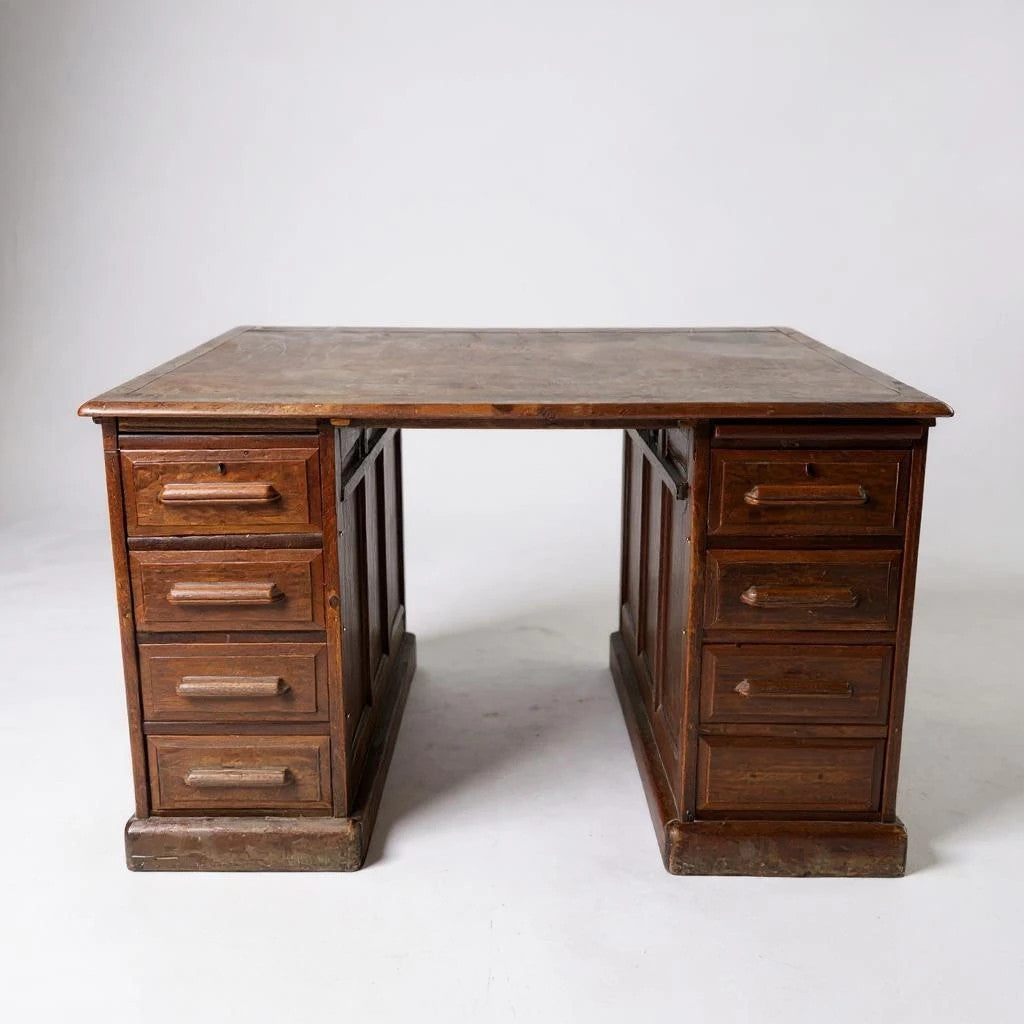 1930s Oak Double Pedestal Banker’s Desk – Vintage Solid Wood Writing Desk