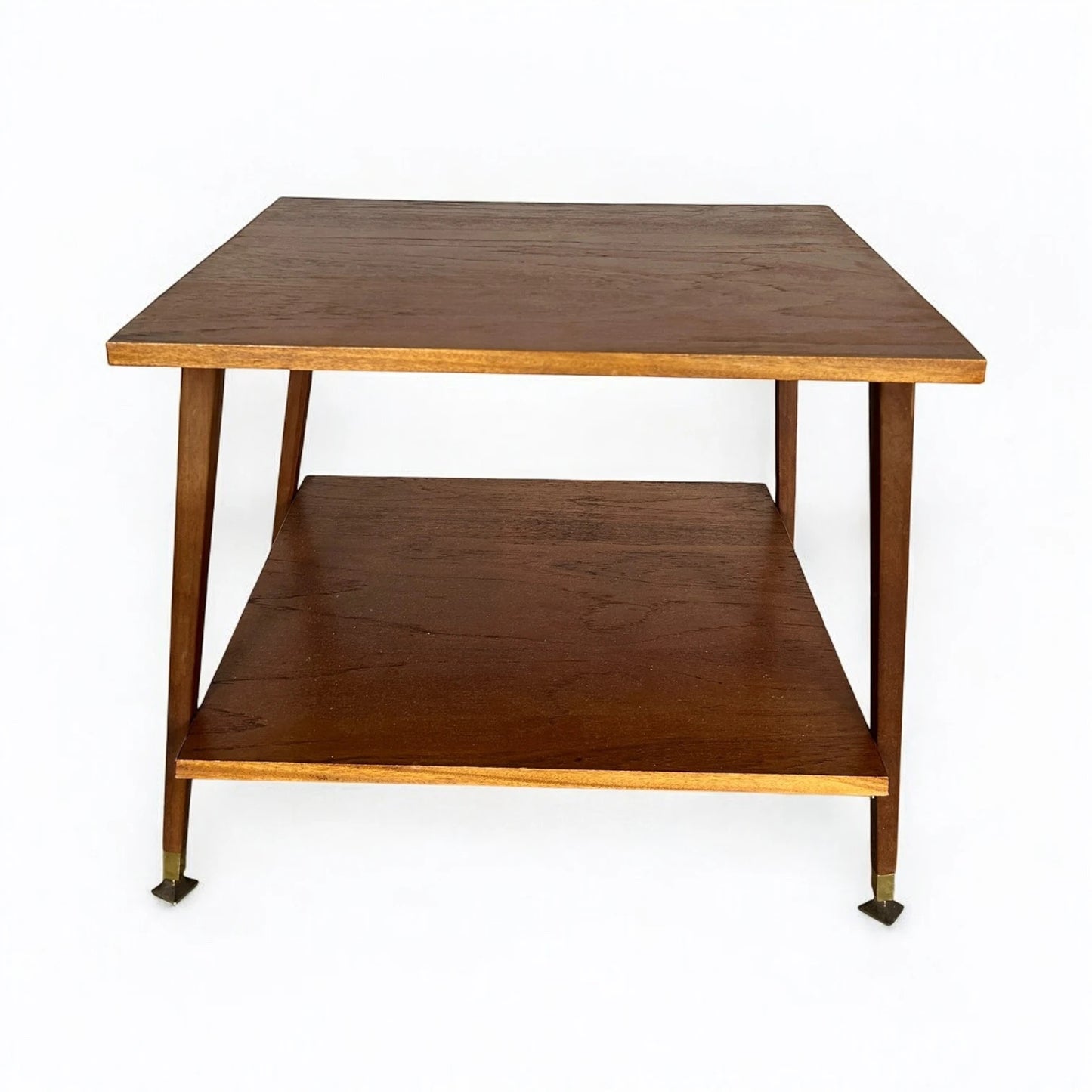 Mid Century Modern Danish Teak Wood Two Tiered Shelving Side Table