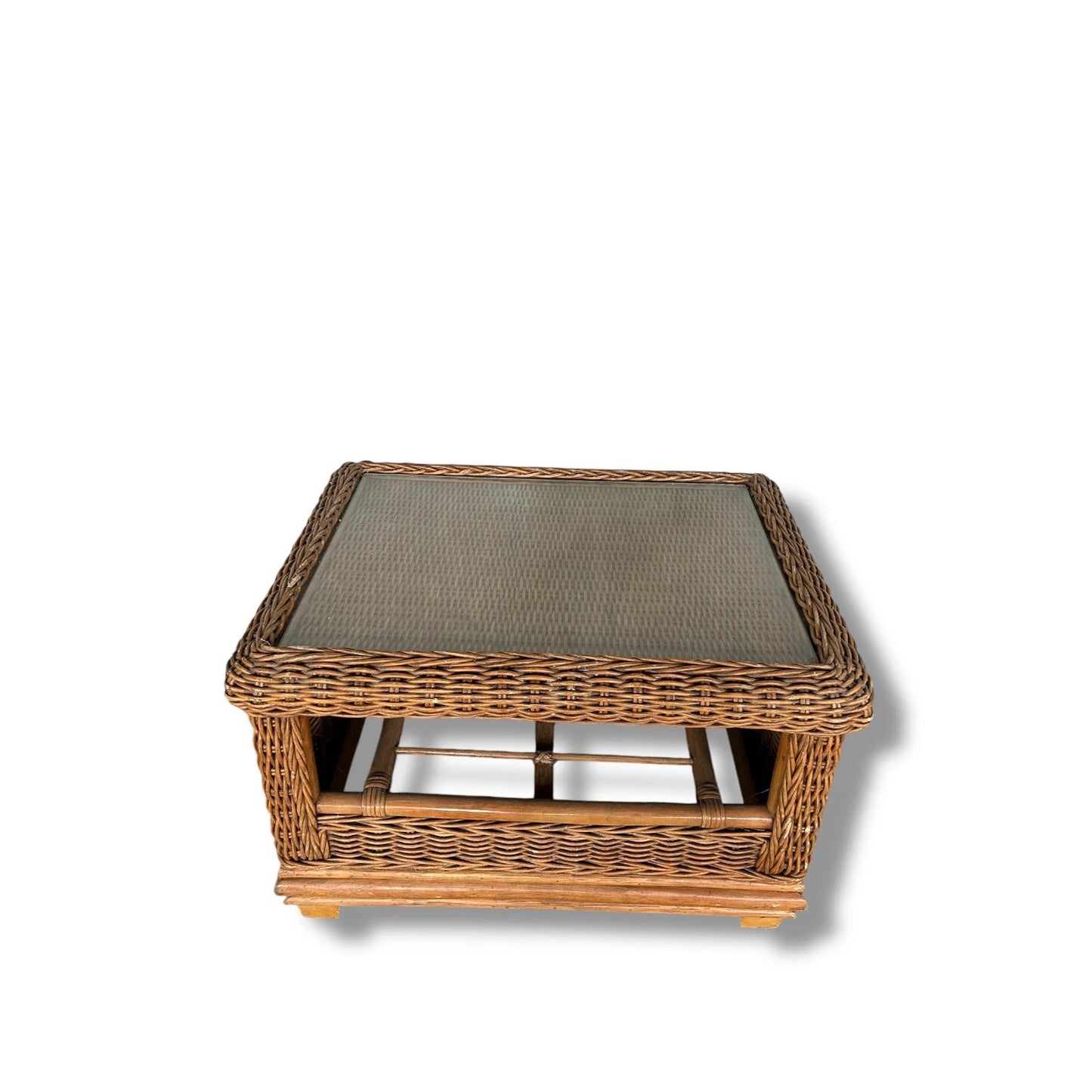 Mid Century Modern Wicker Bamboo Glass Topped Coffee Table