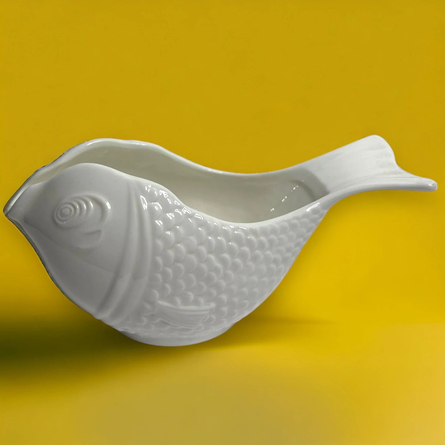 Vintage 1980s Ceramic White Fish Pot