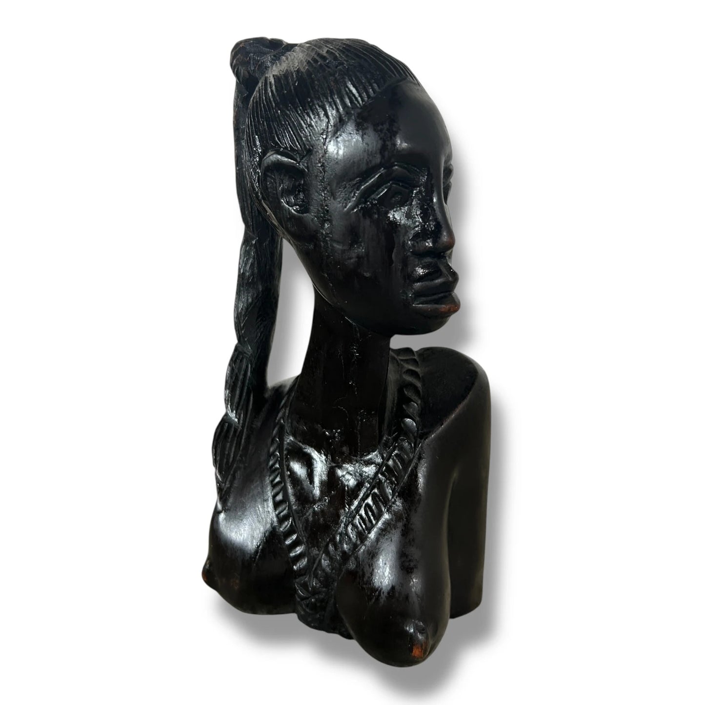 Antique African Hand Carved Ebony Wood Fulani Woman Sculpture