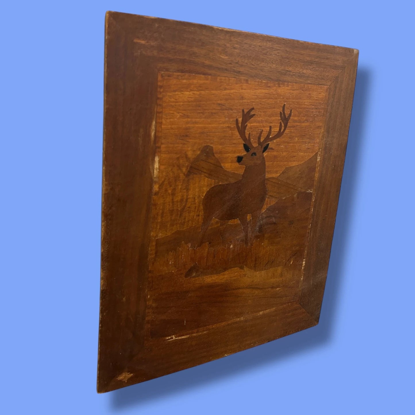Mid Century Wood Marquetry Stag Picture Frame