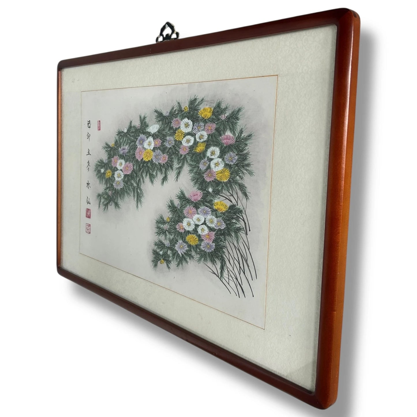 Mid Century Modern Imperial Chinese Floral Silk Painting