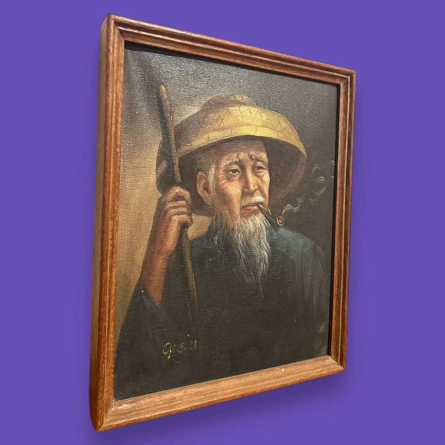 Vintage 1970s Chinese Wise Old Man Art Oil Painting