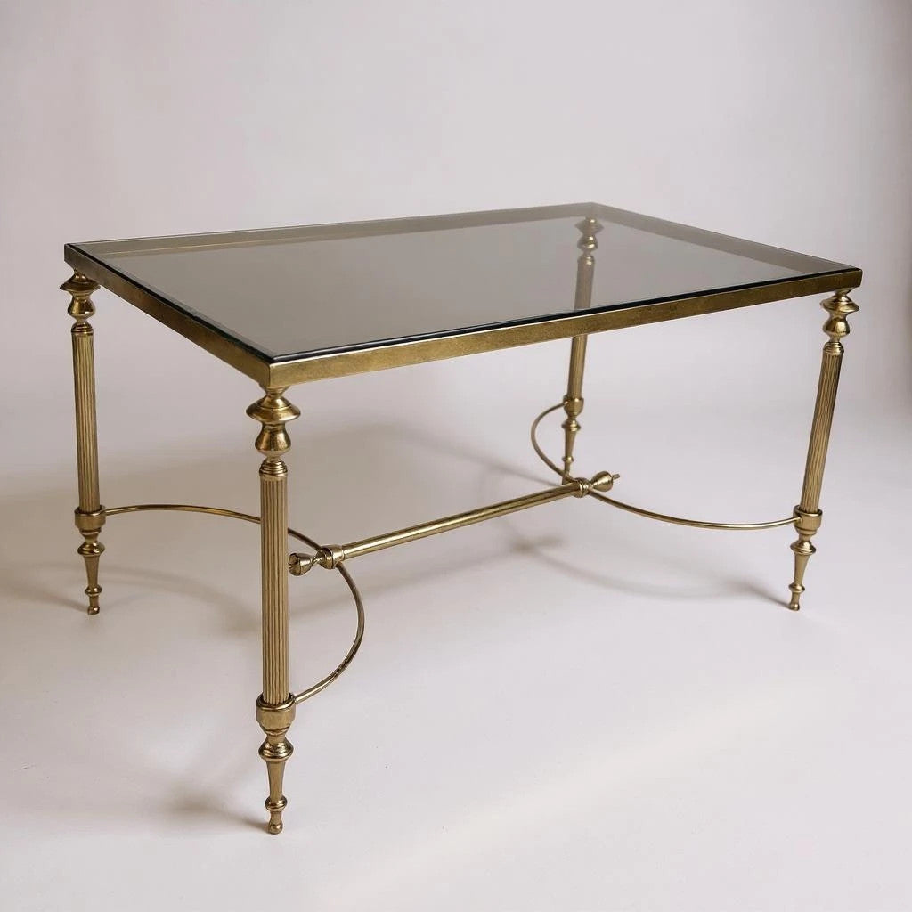 Mid Century Modern Old Hollywood Regency Smoked Glass and Brass Coffee Table