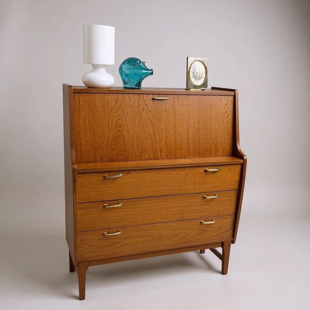 Mid-Century Danish Teak Bureau with Brass Handles – Compact Writing Desk & Storage