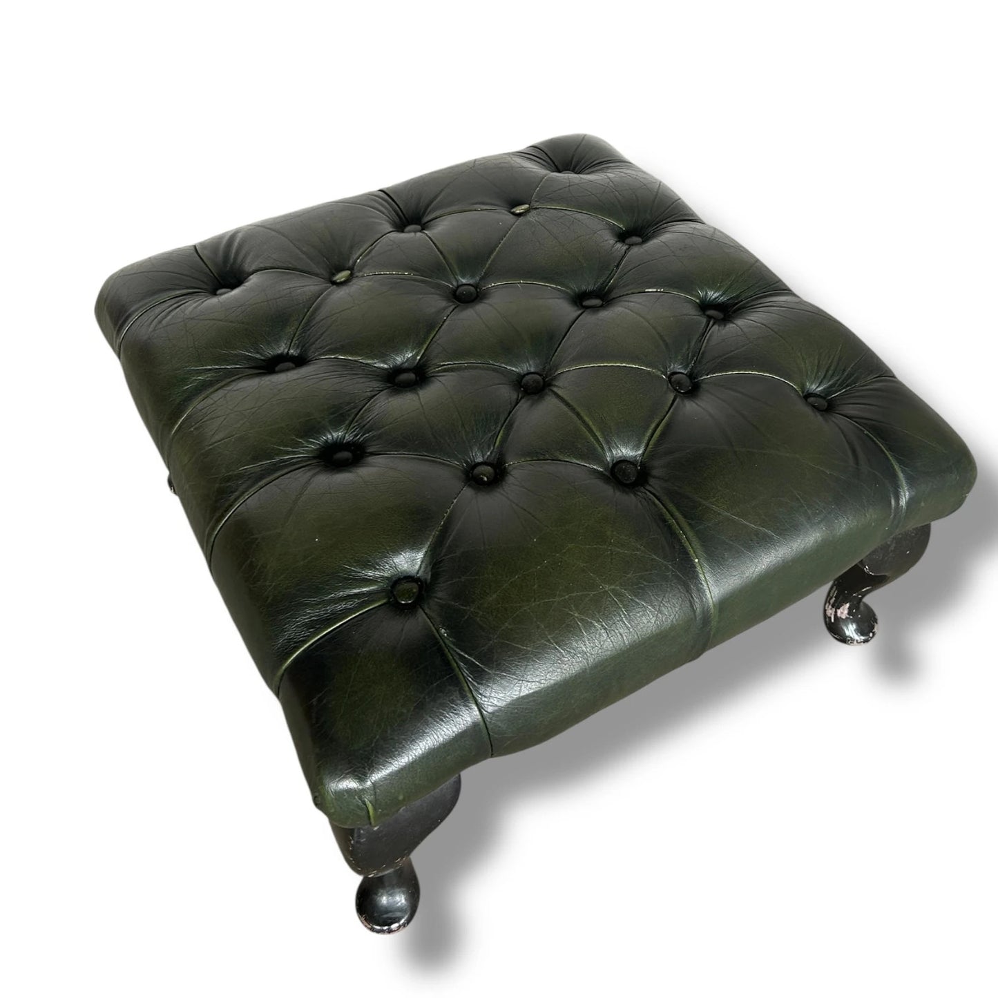 Mid Century Modern Dark Green Leather Chesterfield Foot Stool