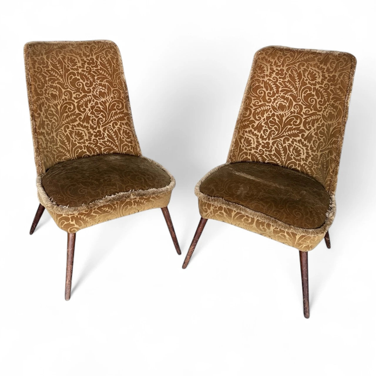 Pair of Mid-Century Cocktail Chairs | Gold Brocade Upholstery with Tapered Legs