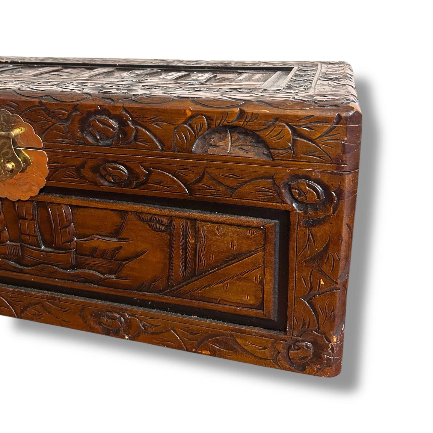 Mid Century Chinese Carved Camphor Wood Storage Treasure Chest