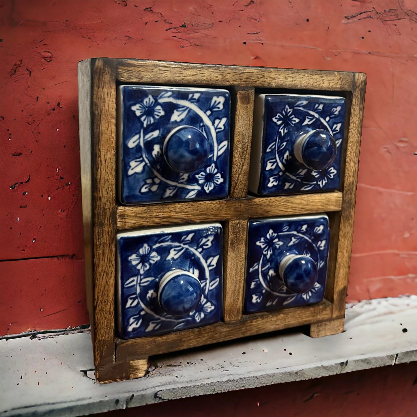 Vintage 1970s Indian Blue and White Cabinet Drawers